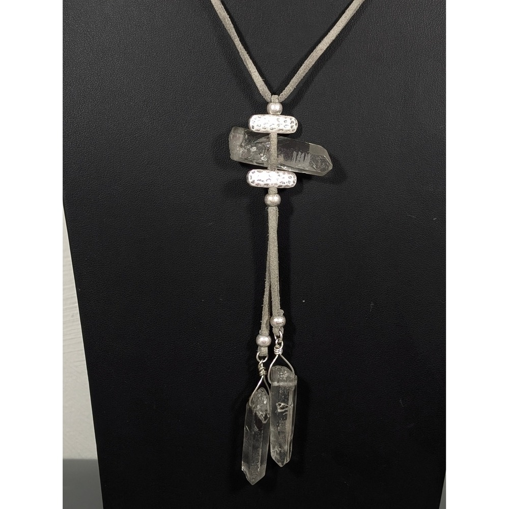 Long 38" Gray Faux Suede Cord Necklace Clear‎ Crystal Pendant Silver Tone Boho
